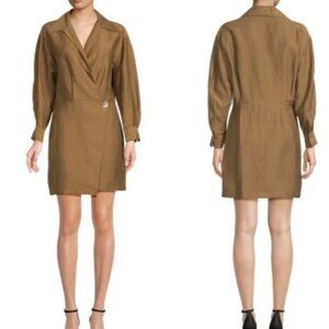 VINCE Linen Blend Mini Wrap Dress In Dark Almond 4.